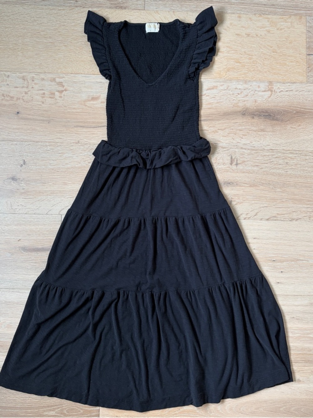 Nation LTD Black Midi Dress Smocked Tiered Ruffle Sleeve Boho XS*V27